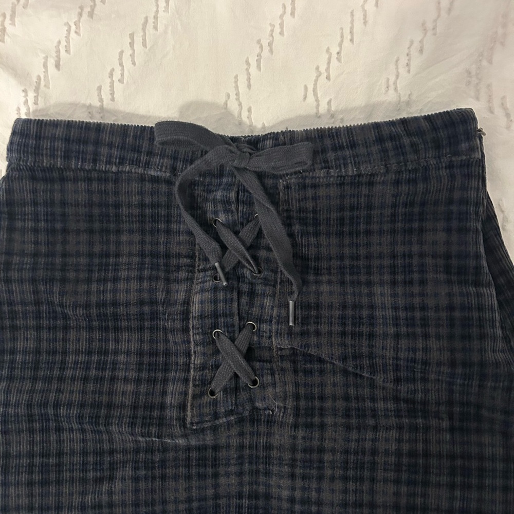 SO Junior’s Navy Gray Plaid Corduroy Mini High Rise Skirt Lace Up Sz 0/24W Y2K